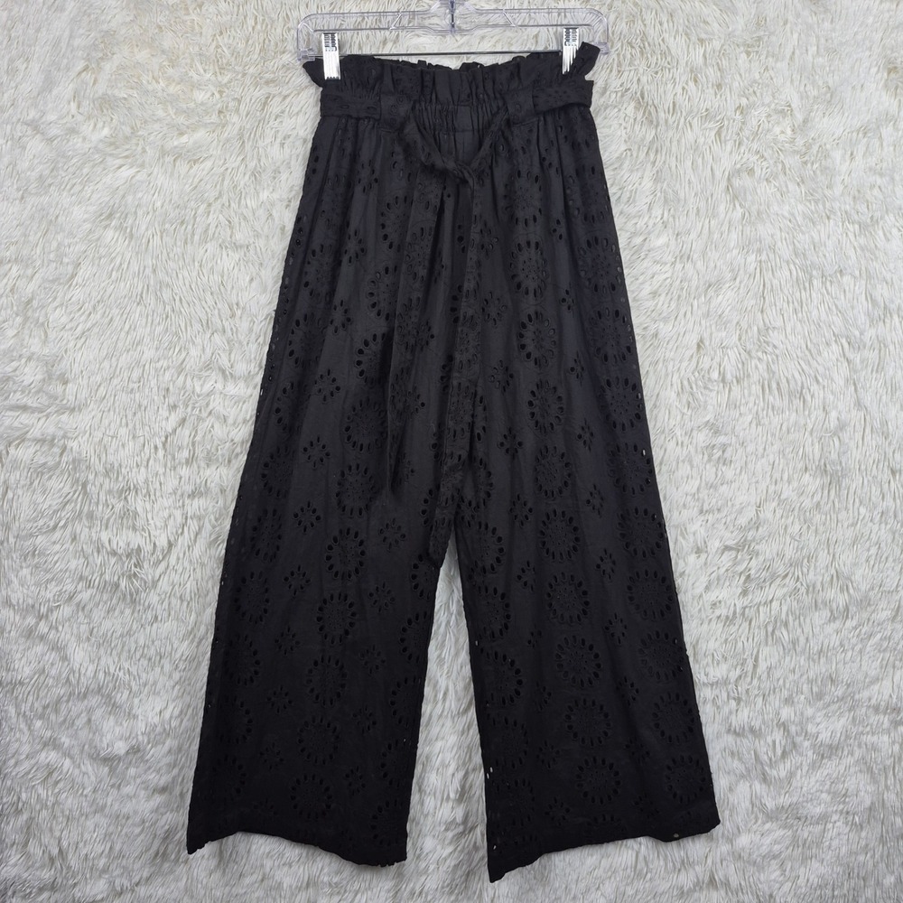Anthropologie Eva Franco Black Eyelet Wide Leg Paperbag Waist Pants XS Cotton
